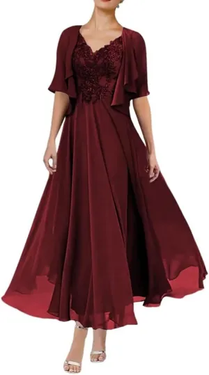 2 Piece Mother of The Bride Dresses for Wedding Tea Length 1/2 Sleeves Formal Dress for Women 2024 with Jacket