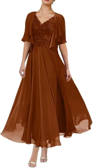 2 Piece Mother of The Bride Dresses for Wedding Tea Length 1/2 Sleeves Formal Dress for Women 2024 with Jacket