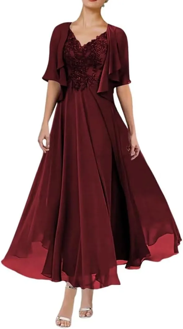2 Piece Mother of The Bride Dresses for Wedding Tea Length 1/2 Sleeves Formal Dress for Women 2024 with Jacket