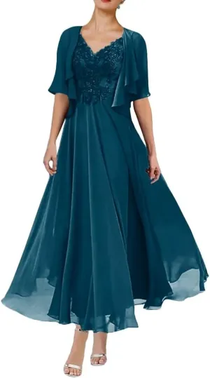 2 Piece Mother of The Bride Dresses for Wedding Tea Length 1/2 Sleeves Formal Dress for Women 2024 with Jacket