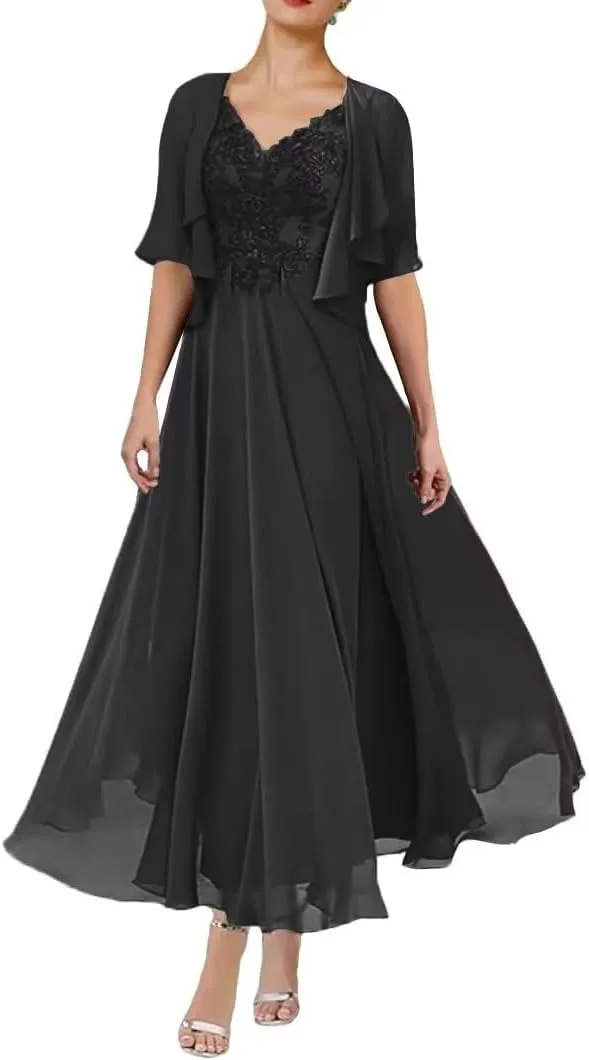 2 Piece Mother of The Bride Dresses for Wedding Tea Length 1/2 Sleeves Formal Dress for Women 2024 with Jacket