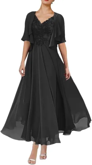 2 Piece Mother of The Bride Dresses for Wedding Tea Length 1/2 Sleeves Formal Dress for Women 2024 with Jacket
