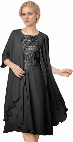 2 Pieces Mother of The Bride Dresses for Wedding 1/2 Sleeves Chiffon Lace Knee Length Formal Outfits for Women