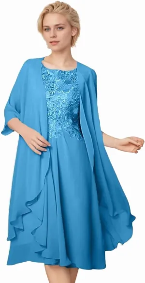 2 Pieces Mother of The Bride Dresses for Wedding 1/2 Sleeves Chiffon Lace Knee Length Formal Outfits for Women