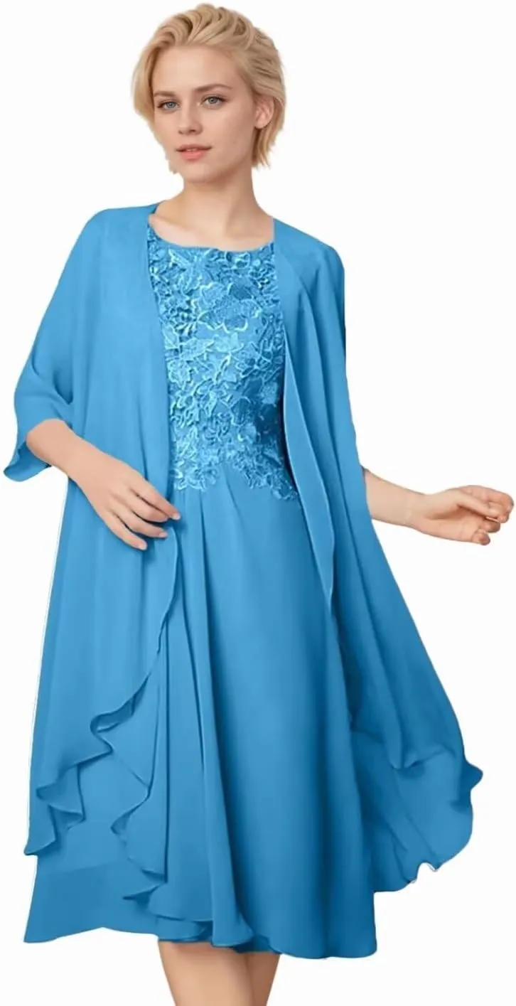 2 Pieces Mother of The Bride Dresses for Wedding 1/2 Sleeves Chiffon Lace Knee Length Formal Outfits for Women