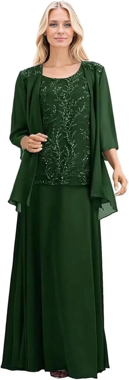 2 Pieces Mother of The Bride Dresses for Wedding 3/4 Long Sleeves Chiffon Formal Dress for Women 2025