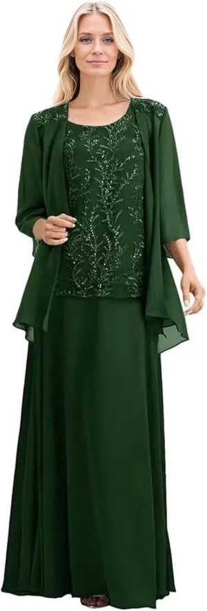 2 Pieces Mother of The Bride Dresses for Wedding 3/4 Long Sleeves Chiffon Formal Dress for Women 2025