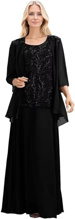 2 Pieces Mother of The Bride Dresses for Wedding 3/4 Long Sleeves Chiffon Formal Dress for Women 2025