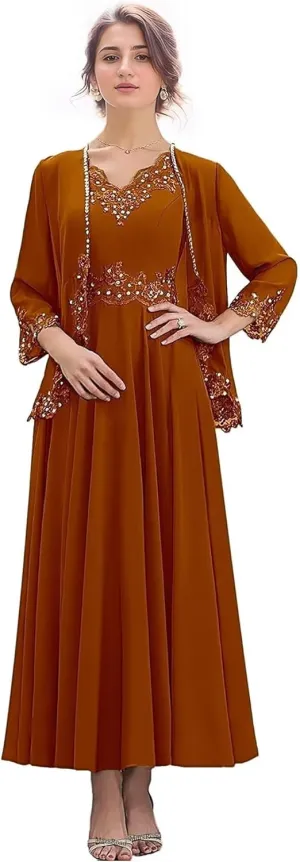 2 Pieces Mother of The Bride Dresses for Wedding 3/4 Sleeves Chiffon Long Formal Dress for Women 2025 Elegant