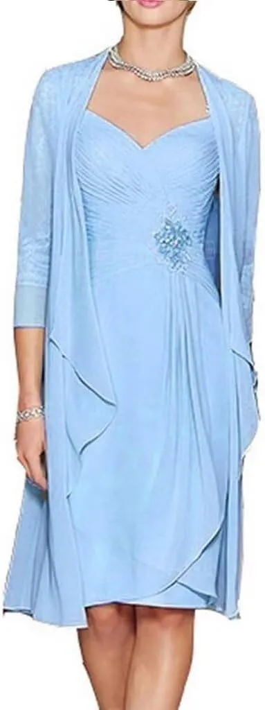 2 Pieces Mother of The Bride Dresses for Wedding Long Sleeves Chiffon Formal Outfits for Women with Jackets