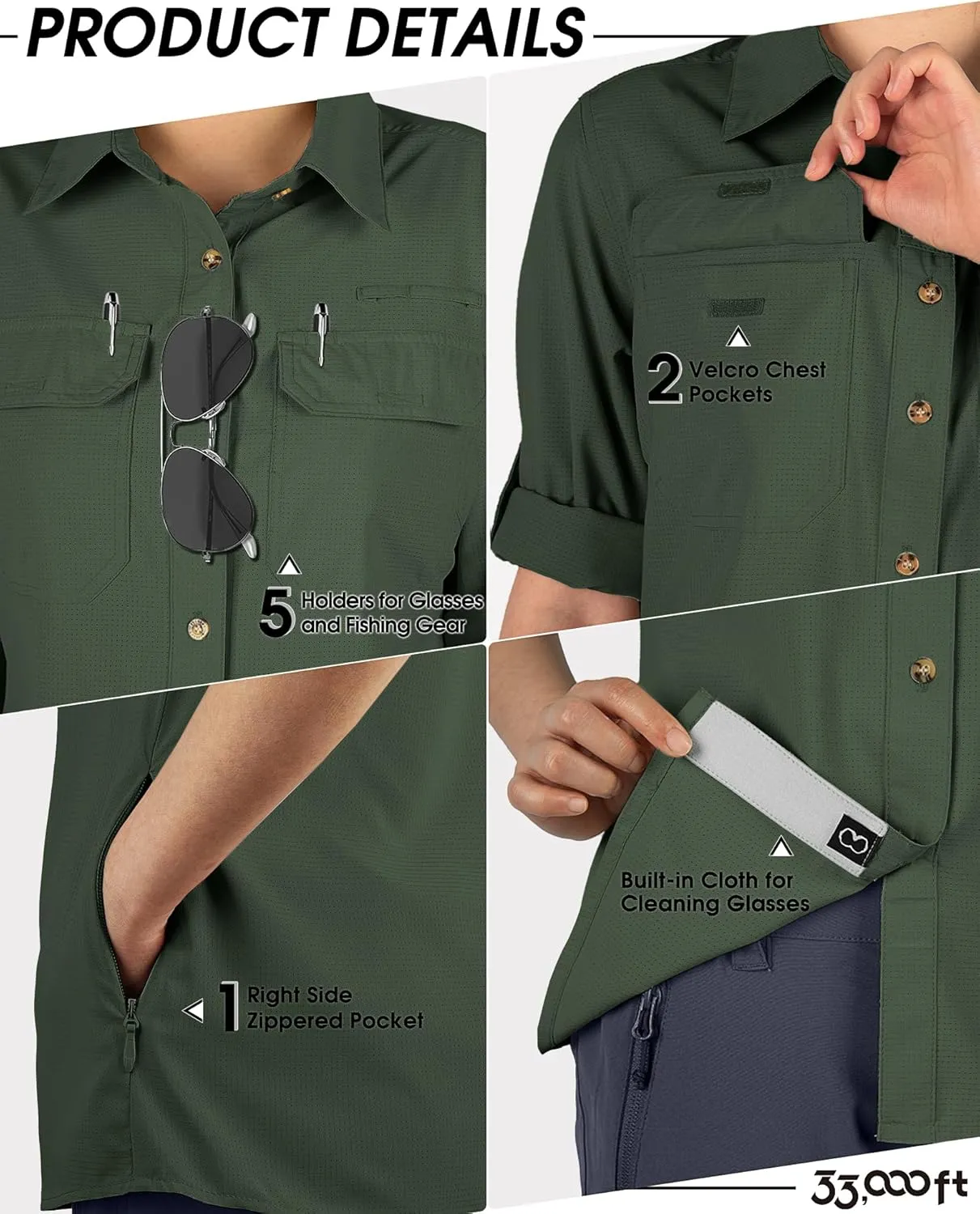 33,000ft Women's UPF 50 UV Sun Protection Shirt, Cool Quick Dry Long Sleeve Outdoor Fishing Hiking Safari Travel Shirt