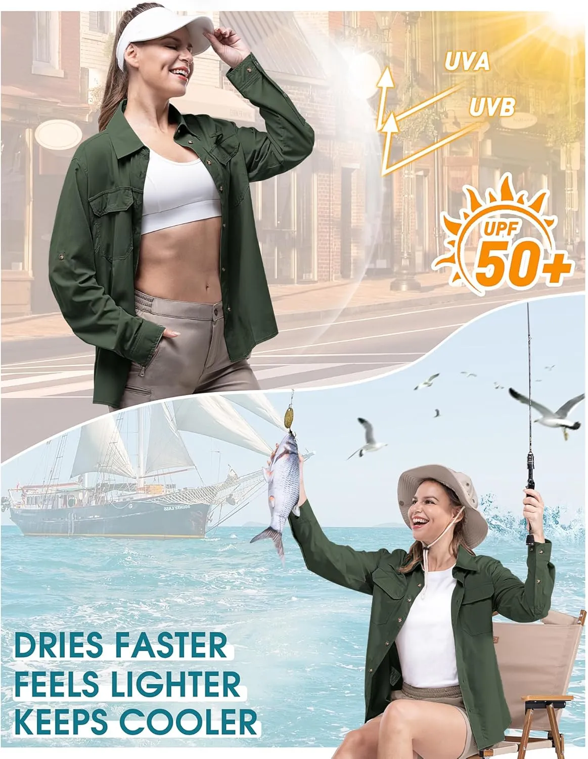 33,000ft Women's UPF 50 UV Sun Protection Shirt, Cool Quick Dry Long Sleeve Outdoor Fishing Hiking Safari Travel Shirt