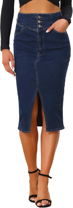 Allegra K Casual Denim Skirt for Women's High Waist Split Hem Pencil Jean Midi Skirts