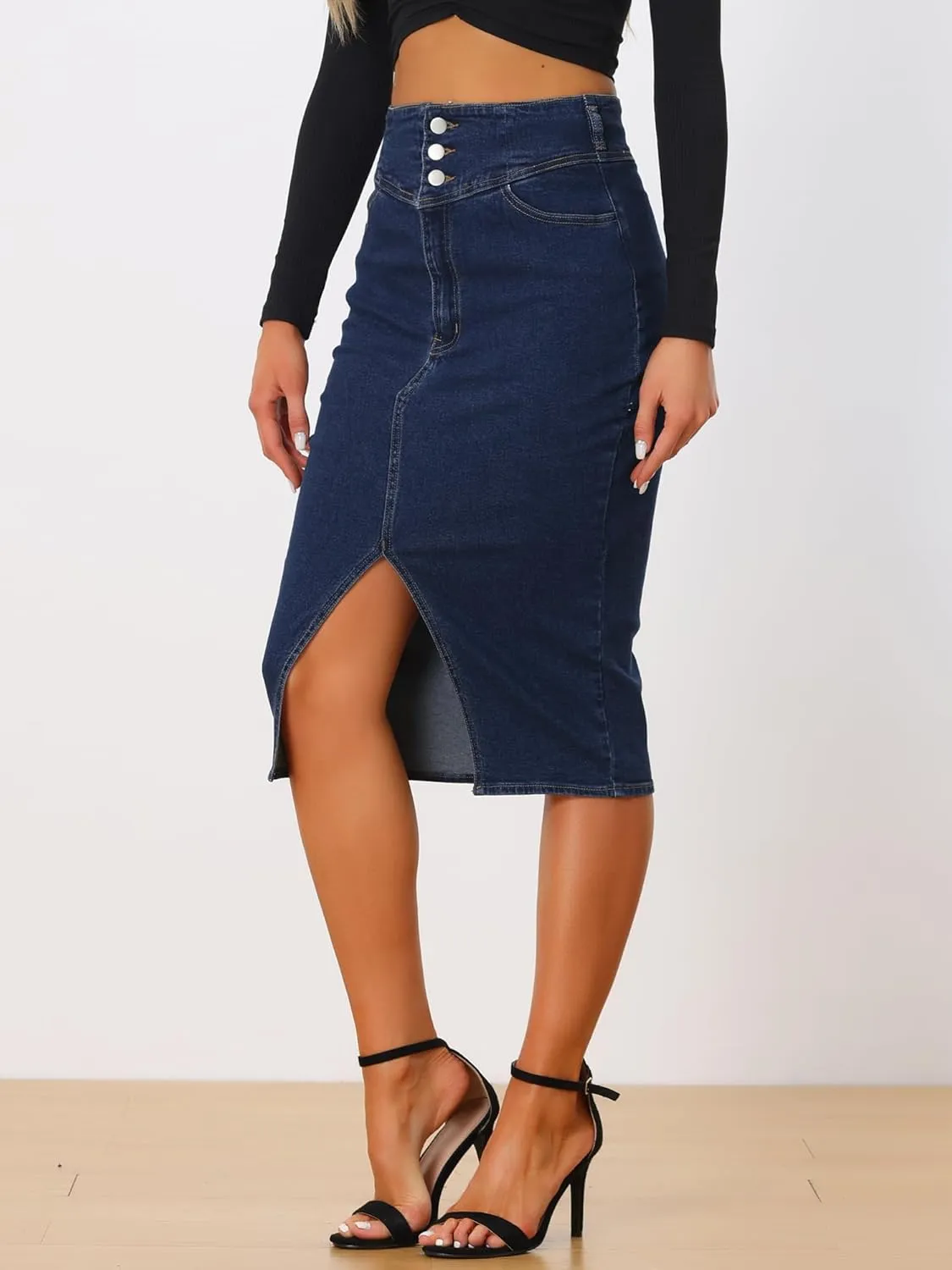 Allegra K Casual Denim Skirt for Women's High Waist Split Hem Pencil Jean Midi Skirts