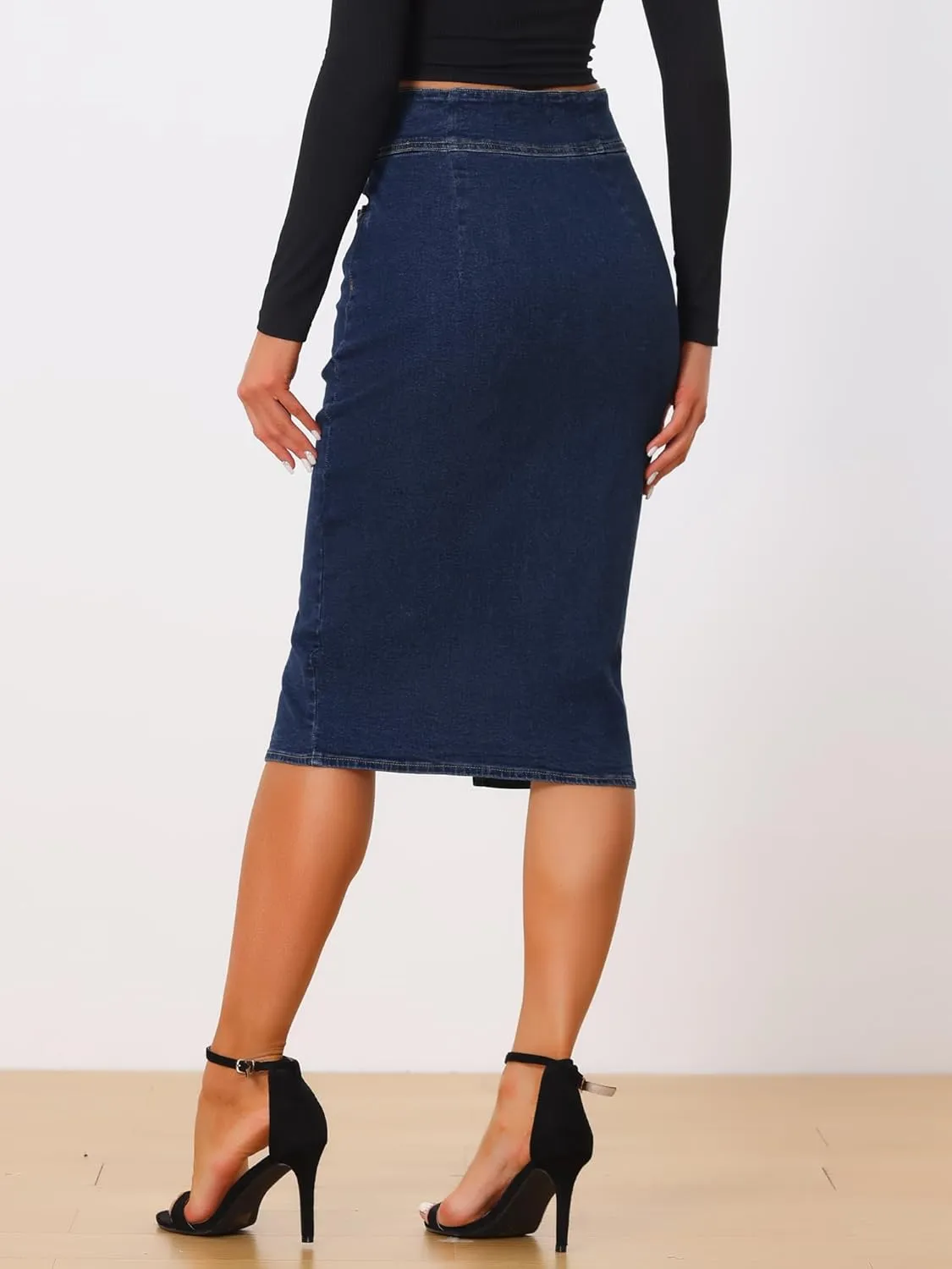 Allegra K Casual Denim Skirt for Women's High Waist Split Hem Pencil Jean Midi Skirts