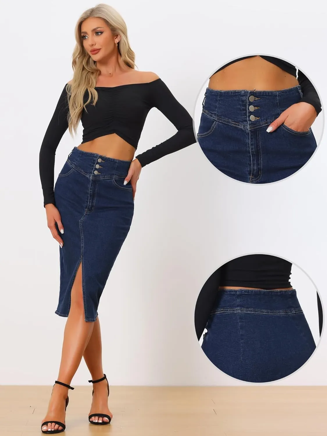 Allegra K Casual Denim Skirt for Women's High Waist Split Hem Pencil Jean Midi Skirts