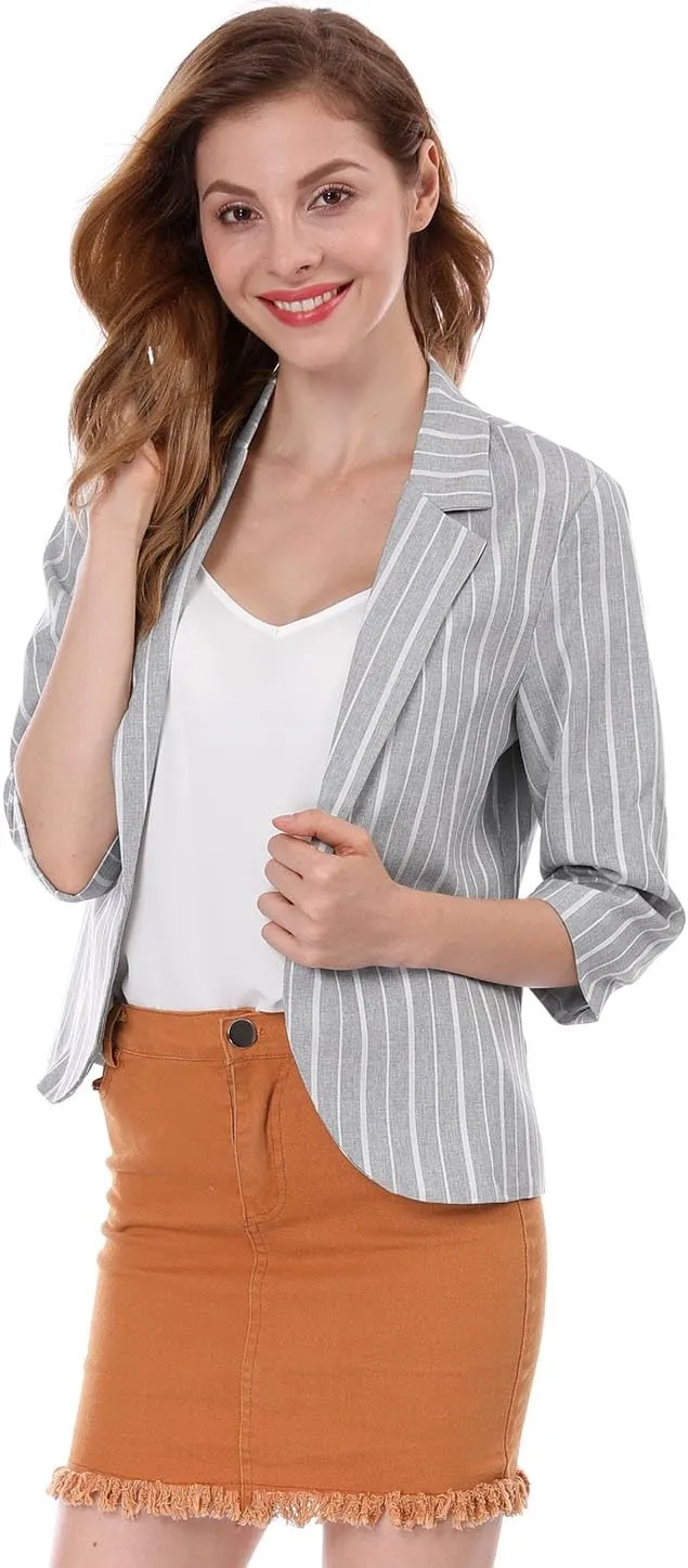 Allegra K Women's Striped Open Front Work Office 3/4 Sleeves Casual Notched Lapel Blazer