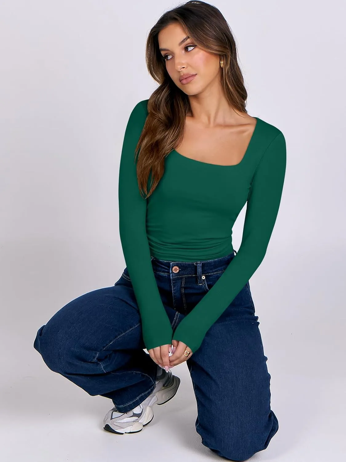 ANRABESS Women Double Lined Long Sleeve Crop Tops Shirts Square Neck Tight Fitted Going Out T-Shirt Basic Tee Outfits 2025