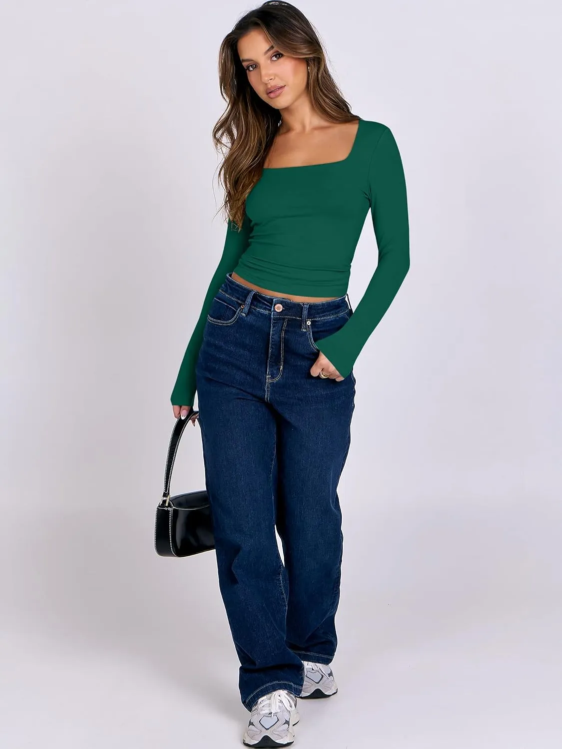 ANRABESS Women Double Lined Long Sleeve Crop Tops Shirts Square Neck Tight Fitted Going Out T-Shirt Basic Tee Outfits 2025