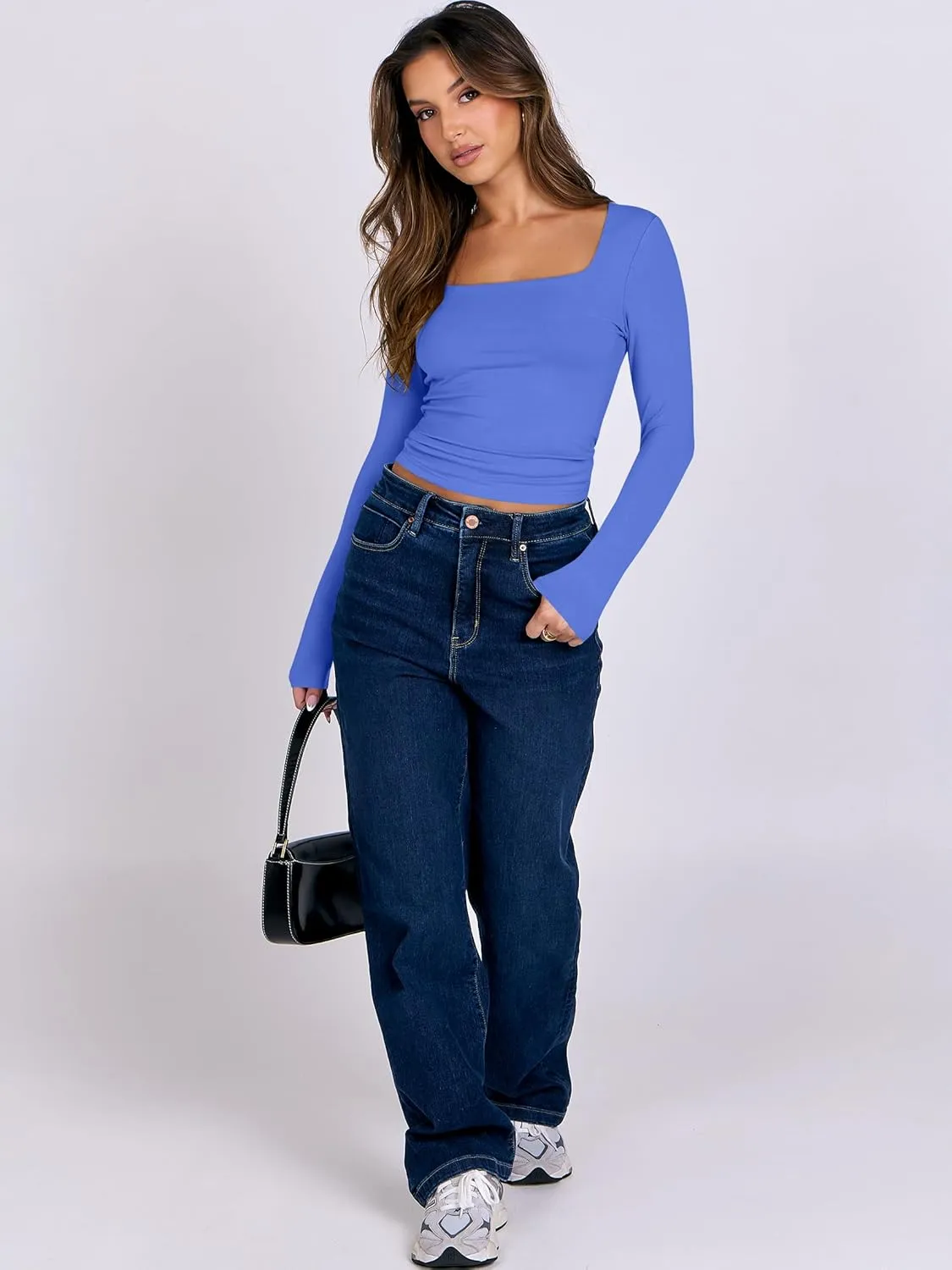 ANRABESS Women Double Lined Long Sleeve Crop Tops Shirts Square Neck Tight Fitted Going Out T-Shirt Basic Tee Outfits 2025