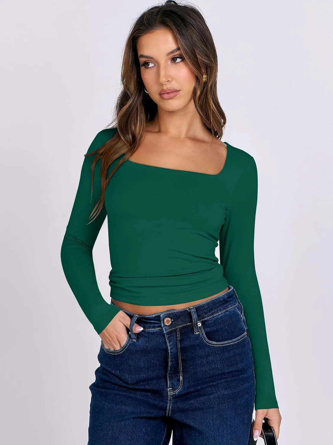 ANRABESS Women Double Lined Long Sleeve Crop Tops Shirts Square Neck Tight Fitted Going Out T-Shirt Basic Tee Outfits 2025