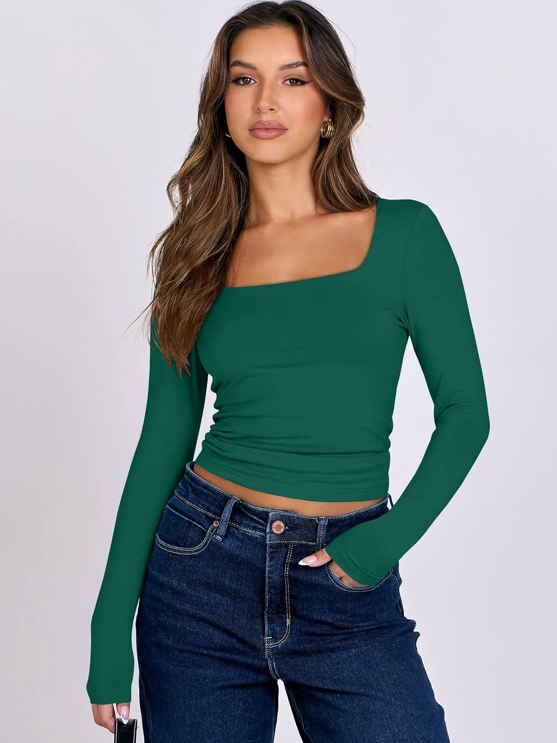 ANRABESS Women Double Lined Long Sleeve Crop Tops Shirts Square Neck Tight Fitted Going Out T-Shirt Basic Tee Outfits 2025