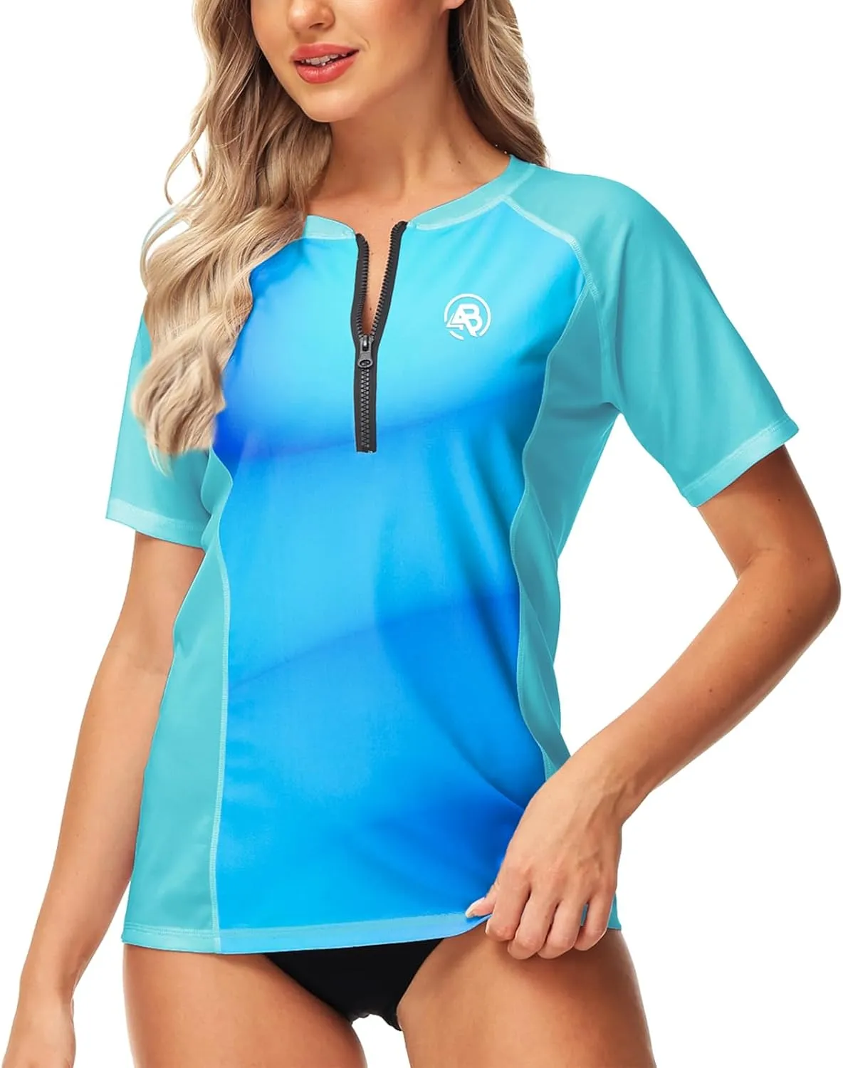 AOBUTE Women Zip Rash Guard UPF 50  Gradient Short Sleeve Swim Top Surf Shirts