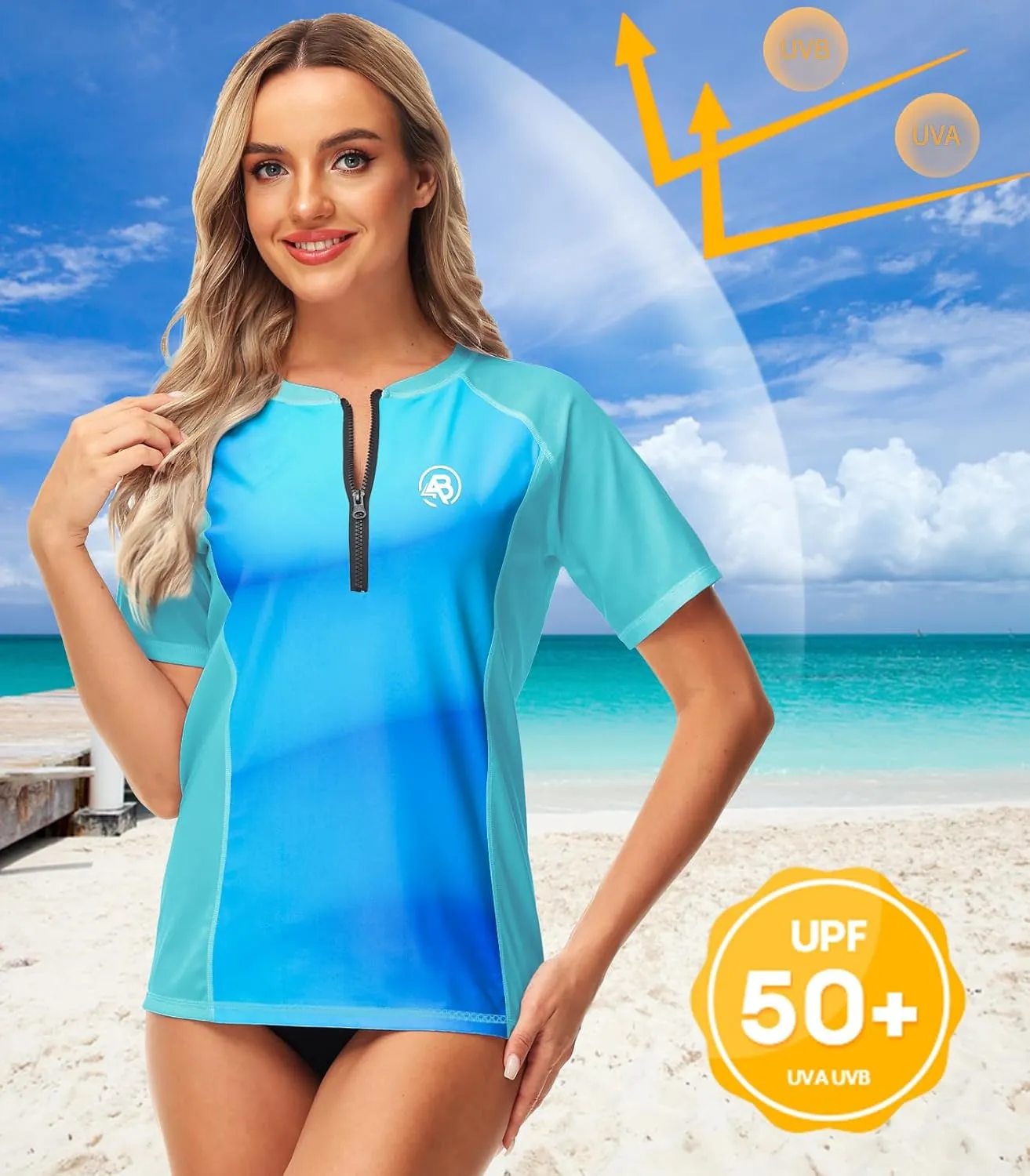 AOBUTE Women Zip Rash Guard UPF 50  Gradient Short Sleeve Swim Top Surf Shirts