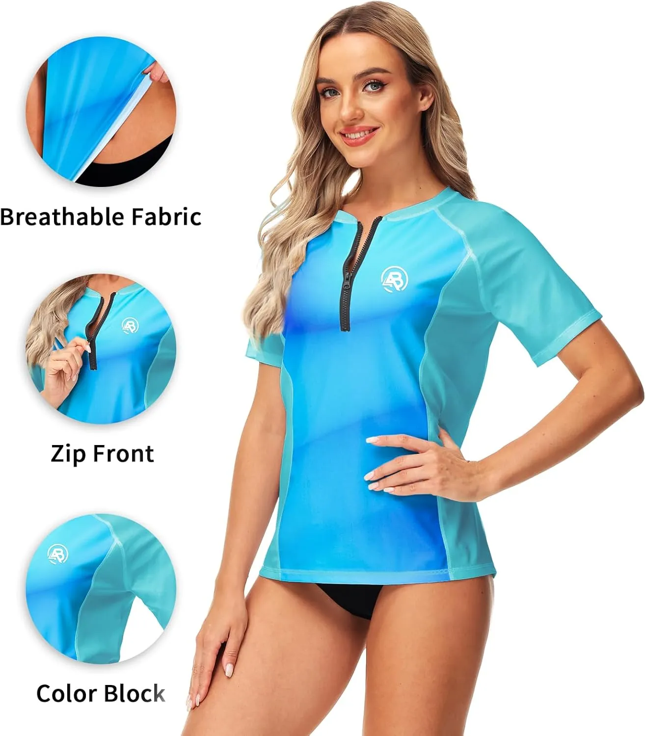 AOBUTE Women Zip Rash Guard UPF 50  Gradient Short Sleeve Swim Top Surf Shirts