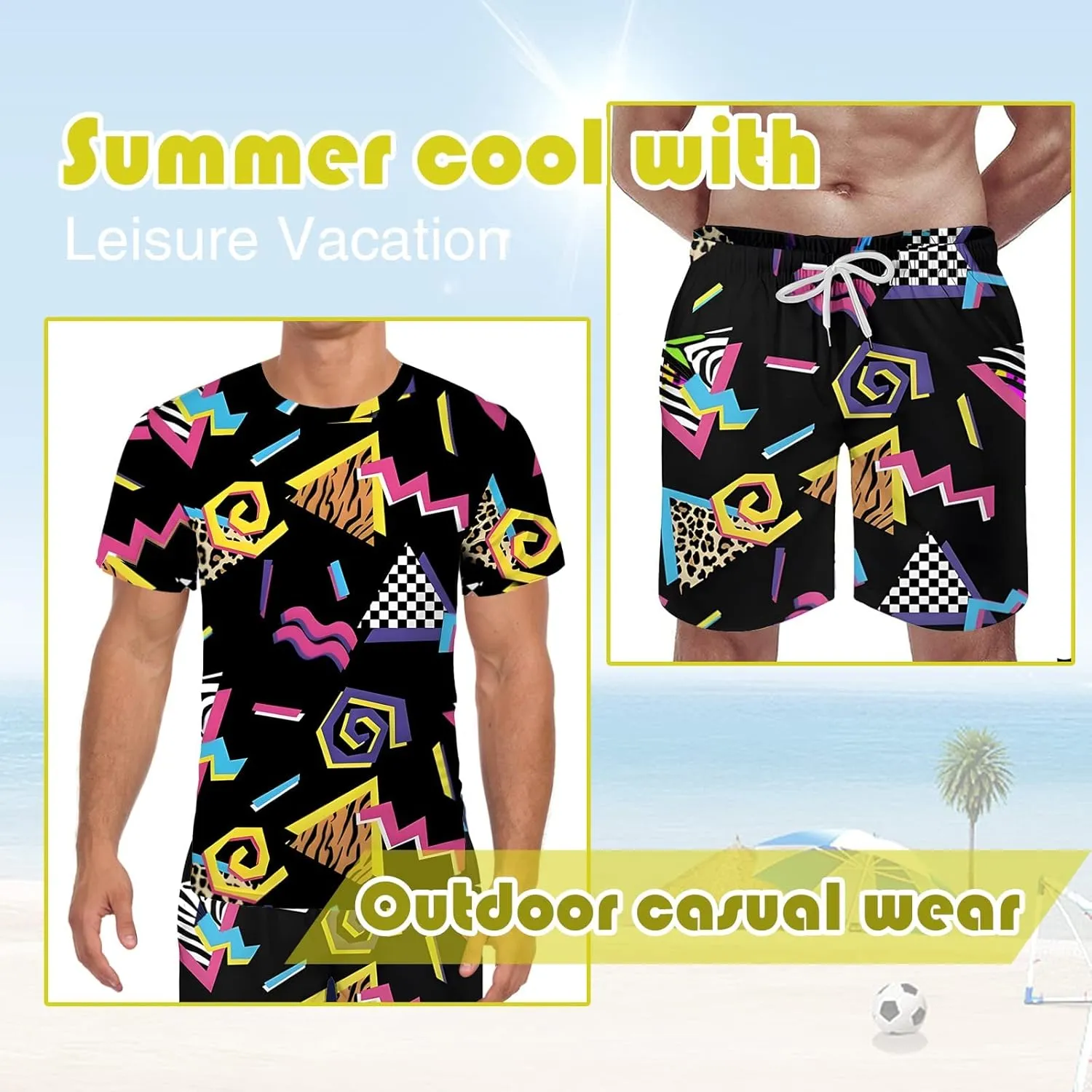Arssm Men's 2 Pieces 80s 90s Outfit Vintage Shirts and Shorts Set Beach Suit Quick Dry Tracksuits for Retro Summer Party