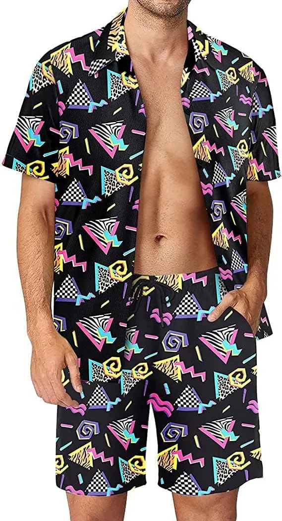 Arssm Mens 2 Pieces Vintage Shirts and Shorts Set 80s 90s Outfit Button Down Beach Suit Quick Dry for Vintage Halloween Party