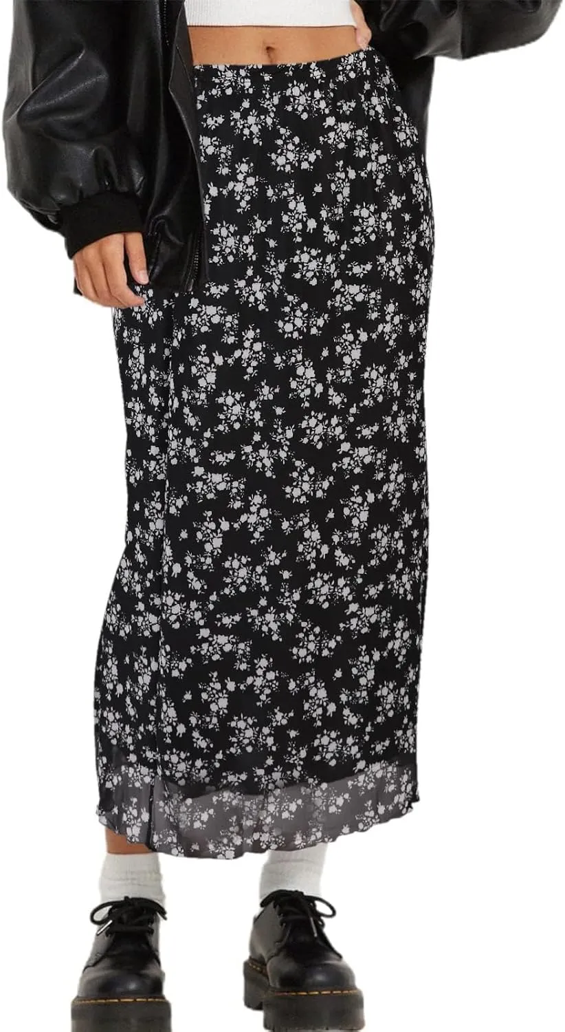 Avanova Women Ditsy Floral Bohemian Mesh Midi Skirt Elastic High Waisted Flowy Summer Long Skirt