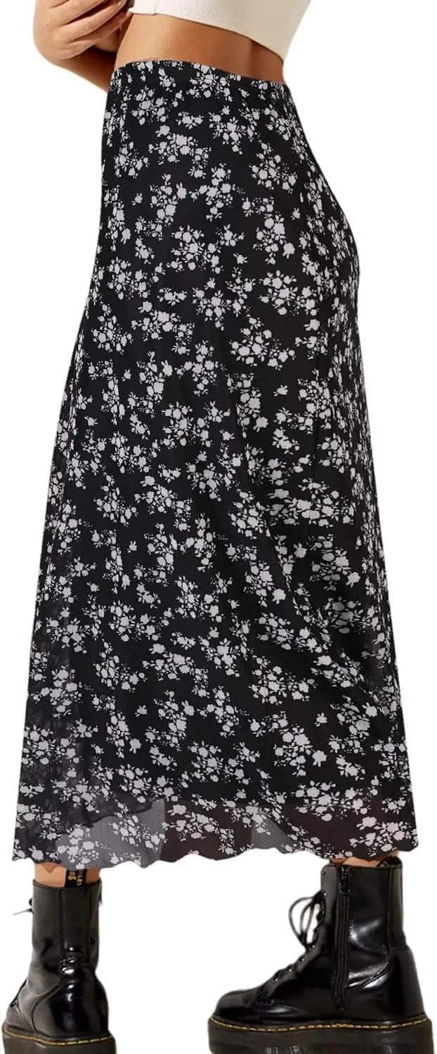Avanova Women Ditsy Floral Bohemian Mesh Midi Skirt Elastic High Waisted Flowy Summer Long Skirt