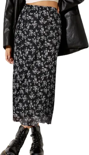 Avanova Women Ditsy Floral Bohemian Mesh Midi Skirt Elastic High Waisted Flowy Summer Long Skirt