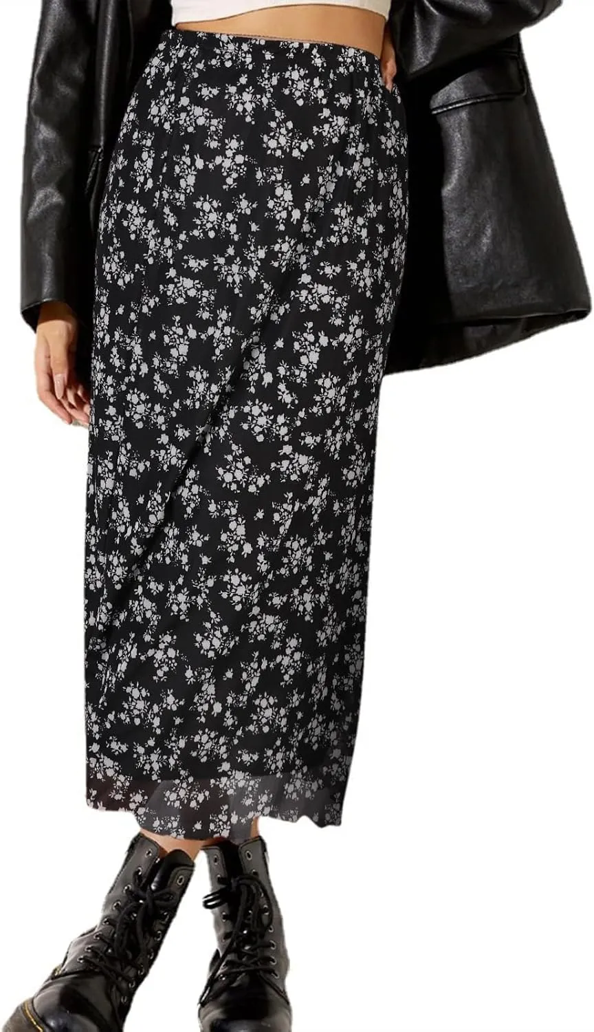 Avanova Women Ditsy Floral Bohemian Mesh Midi Skirt Elastic High Waisted Flowy Summer Long Skirt