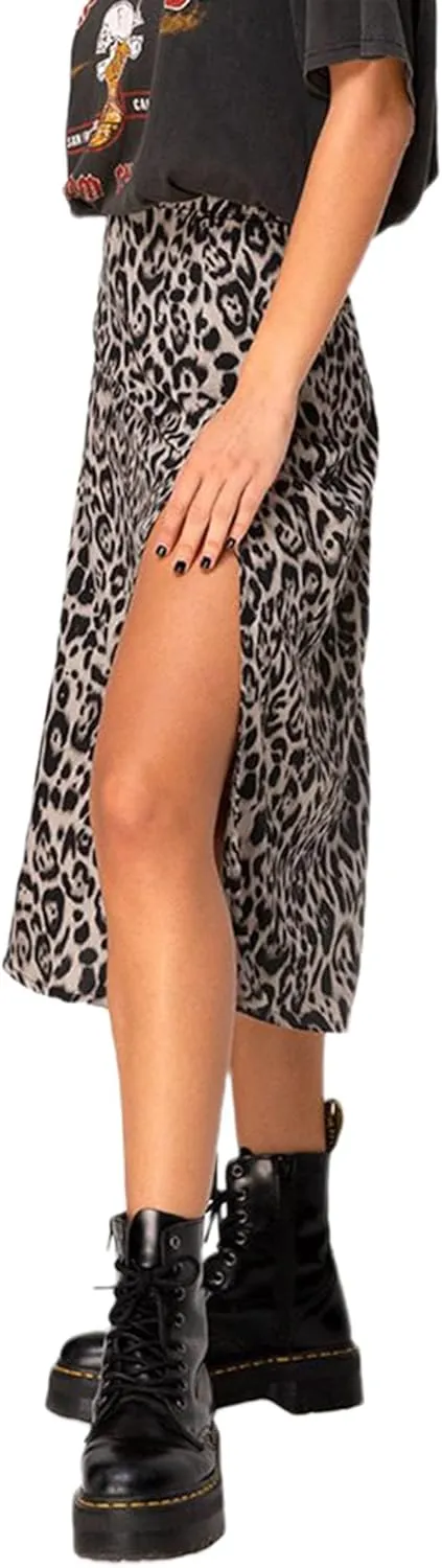 Avanova Women's Boho Leopard Print Thigh High Waist A Line Split Midi Skirt