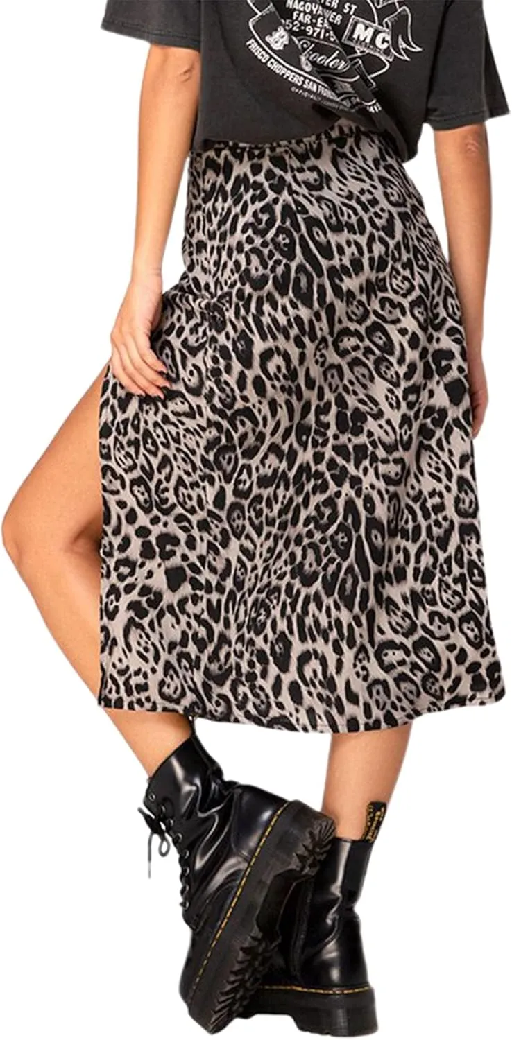 Avanova Women's Boho Leopard Print Thigh High Waist A Line Split Midi Skirt