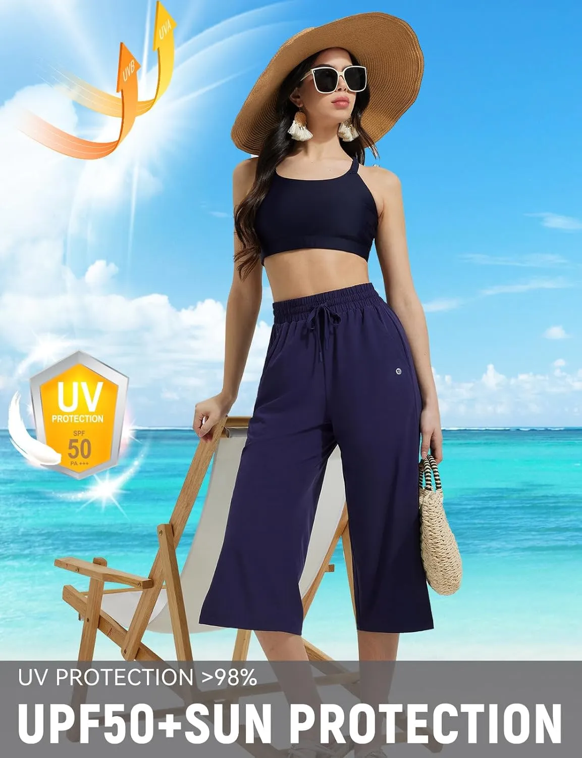 baleaf Women's Capri Pants Wide Leg Quick Dry Lightweight Capris UPF50  Casual Sweatpants Swim Pants