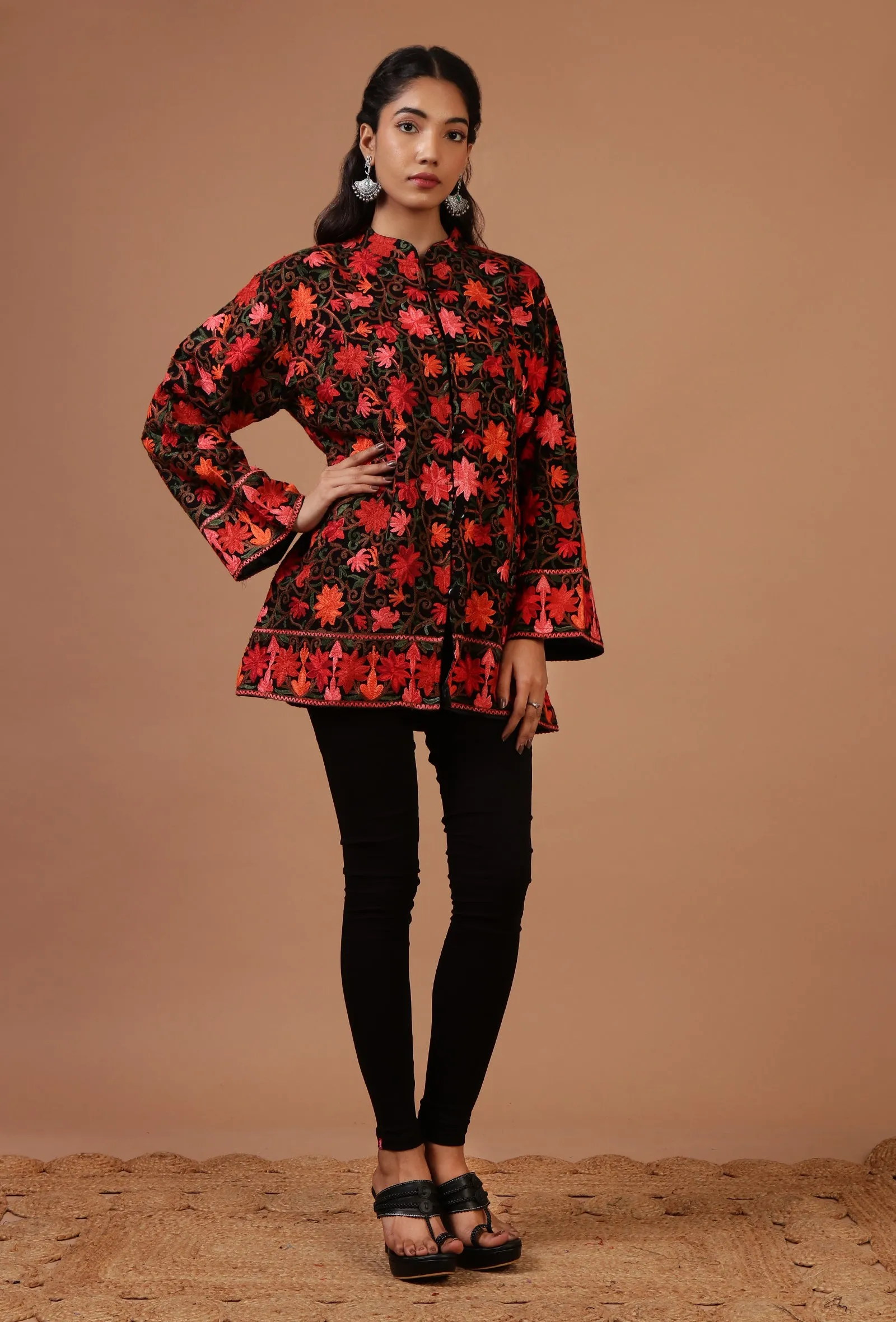 Black & Red Ari Embroidered Kani Short Jacket