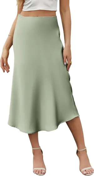 Bluetime Womens Satin Skirt Elastic High Waisted Silk Midi Skirts Dressy Casual A line Long Skirt