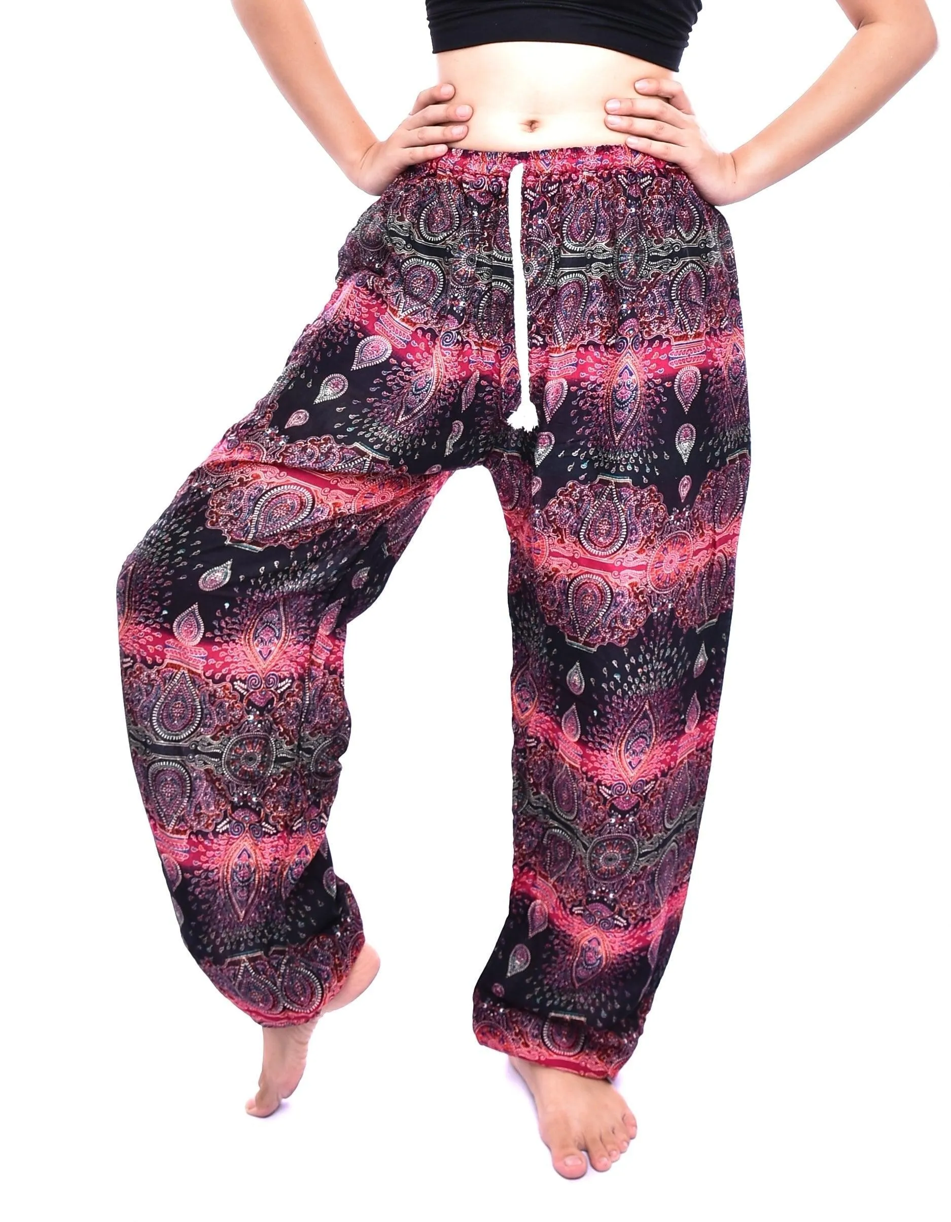 Bohotusk Pink Teardrop Print Womens Harem Pants Tie Waist S/M