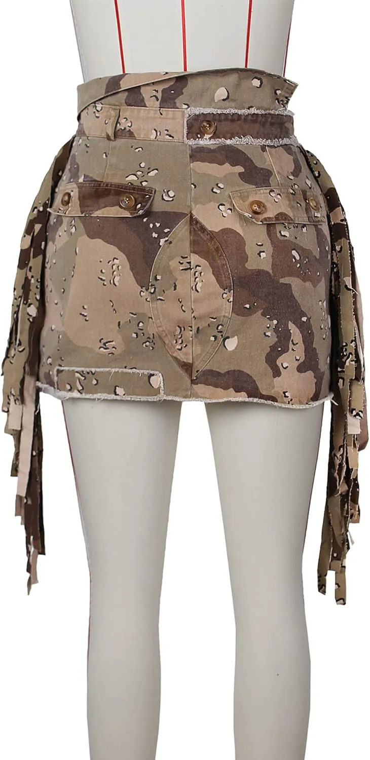 Camo Skirts for Women High Waisted Maxi Mini Skirt with Pocket Camouflage Long Skirt with high Split