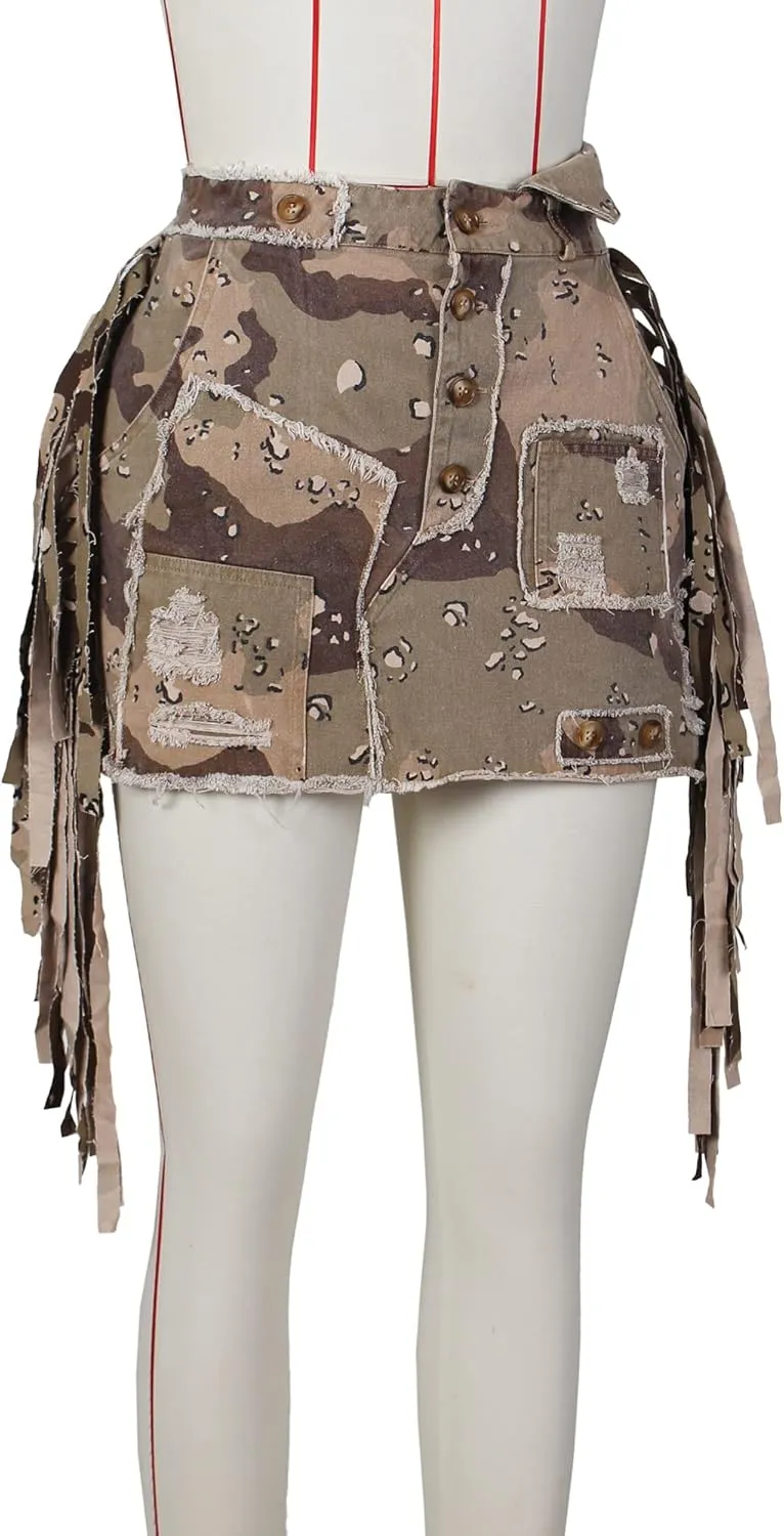 Camo Skirts for Women High Waisted Maxi Mini Skirt with Pocket Camouflage Long Skirt with high Split