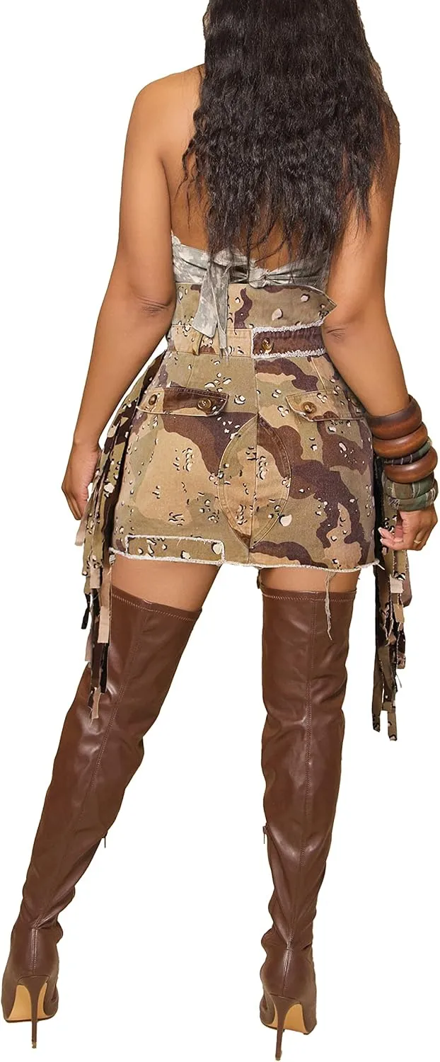 Camo Skirts for Women High Waisted Maxi Mini Skirt with Pocket Camouflage Long Skirt with high Split