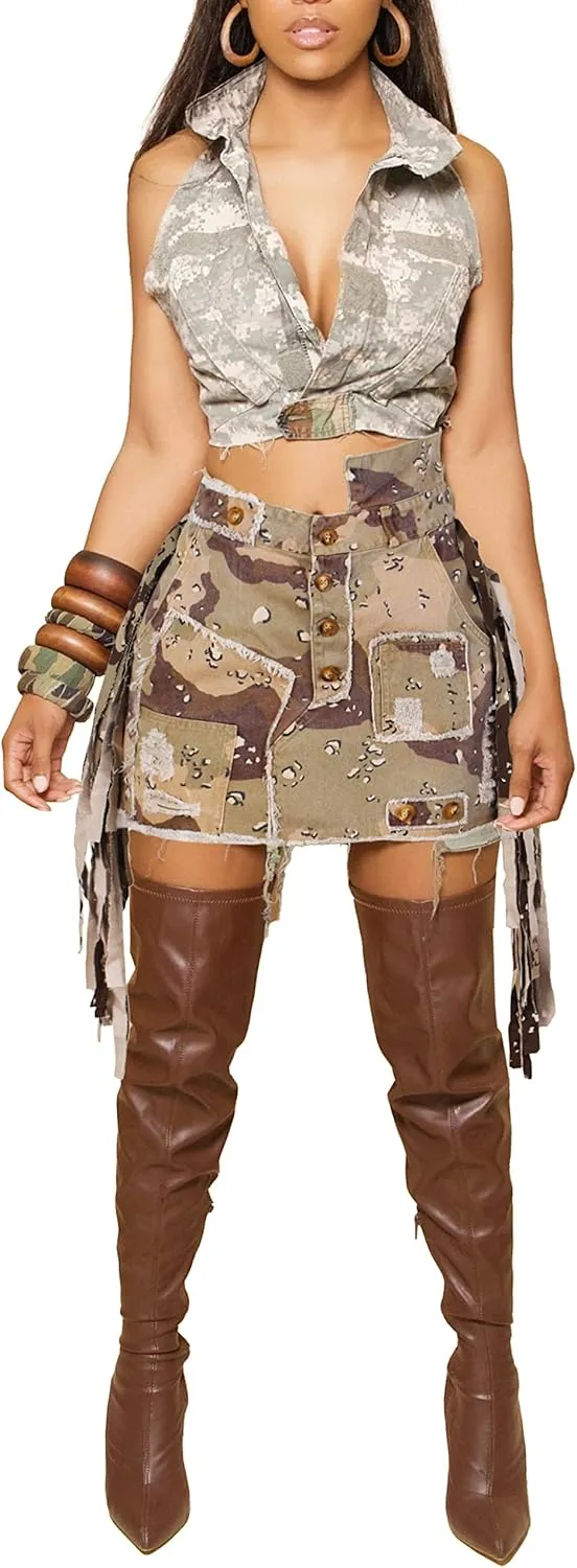 Camo Skirts for Women High Waisted Maxi Mini Skirt with Pocket Camouflage Long Skirt with high Split