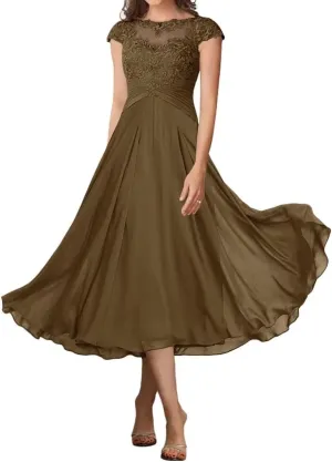 Cap Sleeve Mother of The Bride Dresses for Wedding Tea Length A-Line Lace Formal Dresses for Women 2025