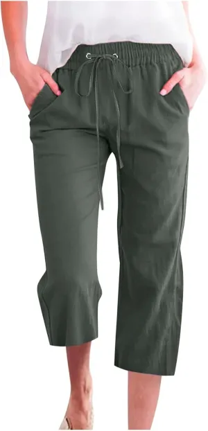 Capri Pants for Women Casual Summer Cotton Linen Pant Beach Trendy Straight Leg Cropped Trouser