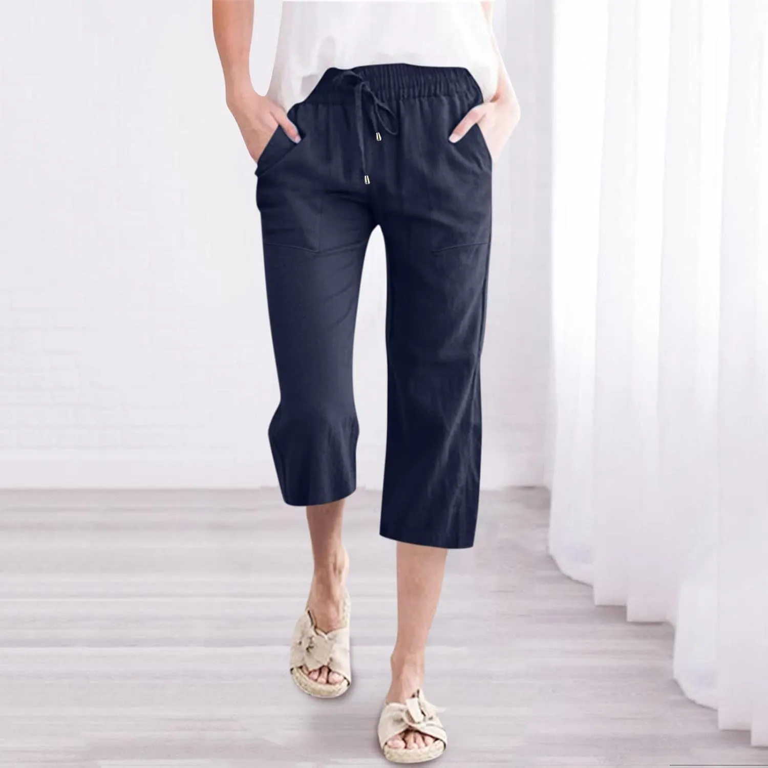 Capri Pants for Women Casual Summer Cotton Linen Pant Beach Trendy Straight Leg Cropped Trouser