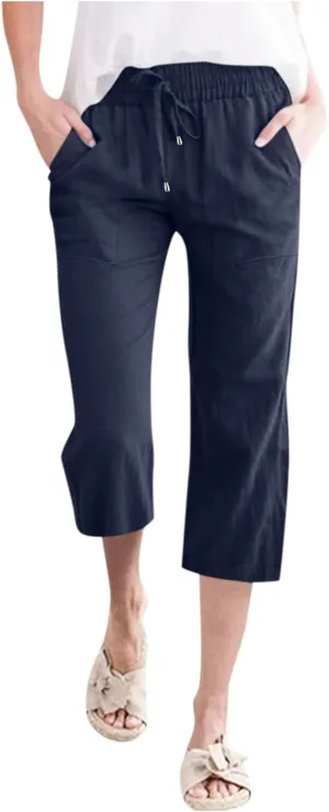 Capri Pants for Women Casual Summer Cotton Linen Pant Beach Trendy Straight Leg Cropped Trouser