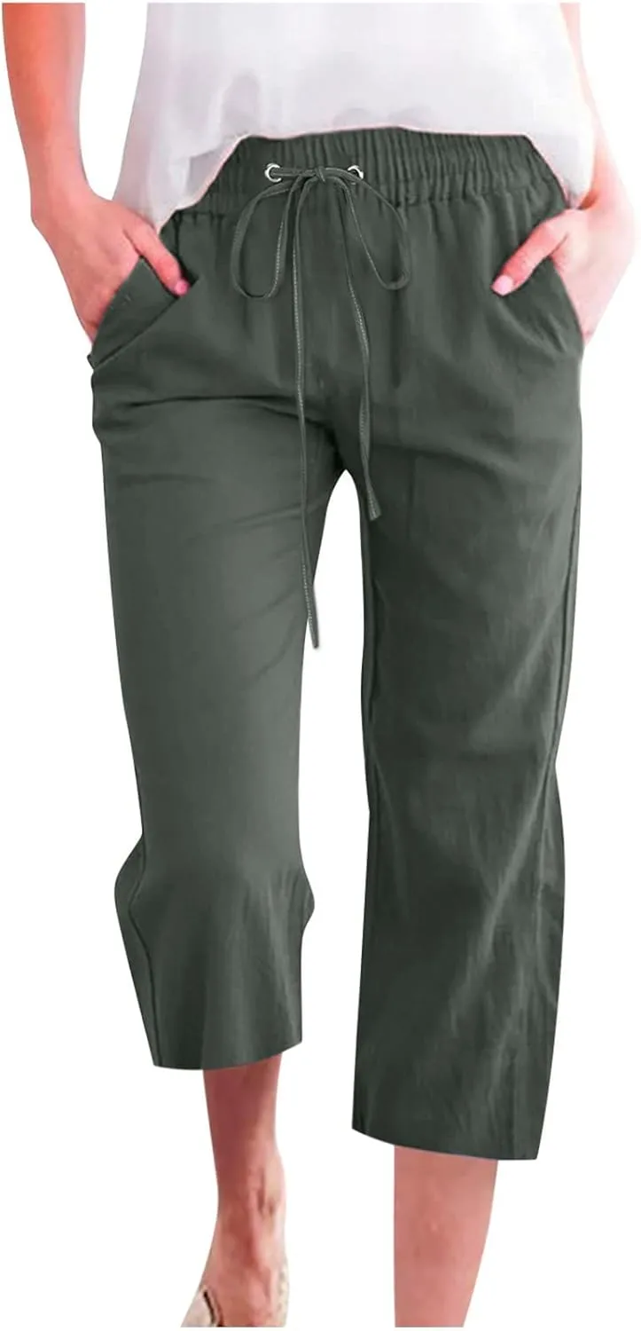 Capri Pants for Women Casual Summer Cotton Linen Pant Beach Trendy Straight Leg Cropped Trouser